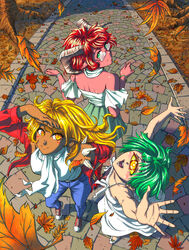  3girls arms_up ascot autumn autumn_leaves back-to-back baron_of_hell blonde_hair blue_pants blush borrowed_design bracelet colored_sclera colored_skin commentary converse cyclops dark-skinned_female dark_skin day demon_girl denim doom_(series) dress evil_eye_(doom) flat_chest genderswap_(mtf) glasses green_eyes green_hair green_skirt group_picture highres imp_(doom) jeans jewelry long_arms long_hair monster_girl multiple_girls one-eyed orange_eyes outdoors panties pants pink_skin red_hair rimless_eyewear rule_63 shading_eyes shoes skirt slit_pupils sneakers spikes strapless substance20 sundress underwear watch white_dress wristwatch yellow_sclera 