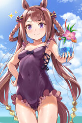  animal_ears armpits bad_id bad_pixiv_id black_one-piece_swimsuit blue_sky breasts brown_hair casual_one-piece_swimsuit cloud commentary_request covered_navel day drink female hair_rings highres horizon horse_ears horse_girl horse_tail long_hair looking_at_viewer mikumo_(lpmkookm) ocean official_alternate_costume one-piece_swimsuit outdoors purple_eyes sky small_breasts smile smug solo standing sweep_tosho_(monopolizing_the_chill?)_(umamusume) sweep_tosho_(umamusume) swimsuit tail twintails umamusume 