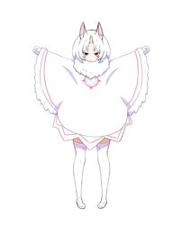  animal_ears commentary female fluffy highres horns koushin_ryo mittens monster_girl oousagi_(re:zero) personification pigeon-toed rabbit_ears re:zero_kara_hajimeru_isekai_seikatsu red_eyes single_horn thighhighs white_background white_hair 