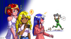  1boy 3girls ? ?? baron_of_hell belt_buckle bfg_9000 blonde_hair blue_hair blush breasts buckle cacodemon cellphone chibi colored_skin commentary daisy_(doom) dark_skin demon_horns denim doom_(series) doom_ii doomguy dress english_commentary full-face_blush genderswap_(mtf) halter_dress halterneck heart height_difference hood hoodie horns huge_weapon imp_(doom) jeans long_hair multiple_girls pants personification phone pink_skin pointy_ears rabbit rule_63 running scales small_breasts smartphone speech_bubble spikes spoken_heart substance20 sweatdrop v_arms weapon 