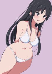  akiyama_mio arm_behind_back beige_background bikini black_eyes black_hair blunt_bangs breasts cleavage coveredcore cowboy_shot female highres hime_cut k-on! long_hair looking_at_viewer medium_breasts navel sidelocks solo standing swimsuit white_bikini wide_hips 