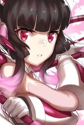  black_hair chakram commentary_request detached_sleeves dual_wielding female gloves glowing glowing_hair holding murakami_hisashi pink_eyes portrait senki_zesshou_symphogear serious solo tsukuyomi_shirabe weapon white_gloves x-drive_(symphogear) 