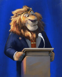  2017 anthro blue_background clothing disney electronics felid fur guephren hi_res lectern leodore_lionheart lion male mammal mane microphone pantherine shirt simple_background solo standing topwear whiskers yellow_body yellow_fur zootopia 