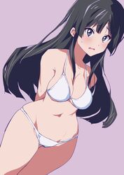  akiyama_mio arm_behind_back beige_background bikini black_eyes black_hair blunt_bangs breasts cleavage coveredcore cowboy_shot female highres hime_cut k-on! long_hair looking_at_viewer medium_breasts navel sidelocks solo standing swimsuit white_bikini wide_hips 