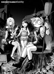  3girls absurdres alternate_costume artist_name band_shirt bandages boots bra bracelet breasts broom choker cigarette collarbone commentary dolphin_shorts english_commentary fishnet_thighhighs fishnets flat_chest garter_straps geewhy glasses greyscale hair_over_one_eye halftone heavy_metal highres holding holding_broom holding_cigarette jewelry kagari_atsuko little_witch_academia long_hair looking_at_viewer lotte_jansson mayhem_(band) merchandise misfits monochrome multiple_girls odd_one_out open_mouth punk round_eyewear semi-rimless_eyewear short_hair shorts sitting small_breasts smile smoking standing subscribestar_username sucy_manbavaran teeth thighhighs under-rim_eyewear underwear upper_teeth_only watermark web_address 