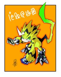  absurd_res anthro bandai_namco card card_game claws digimon digimon_(species) gaming green_eyes hi_res male pied_piper_(artist) pulsemon solo spikes yellow_body 