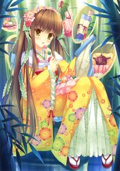  :o absurdres bag bamboo bamboo_forest blush brown_hair dango female floral_print flower food forest frills full_body fur_collar furisode green_ribbons hair_flower hair_ornament hair_ribbon hairband handbag highres holding japanese_clothes kimono leaf long_hair long_sleeves looking_at_viewer nature non-web_source original parted_lips ribbon sandals sanshoku_dango scan scroll side_handle_teapot sidelocks sitting skewer snow_rabbit solo tabi takano_yuki_(allegro_mistic) teapot twintails very_long_hair wagashi white_legwear wide_sleeves yellow_eyes zouri 