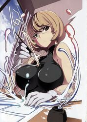  aoki_yuriko bakuman bare_shoulders blonde_hair breasts brown_eyes cleavage dairiseki hakaba ink large_breasts megane oppai paintmole pen short_hair sleeveless 