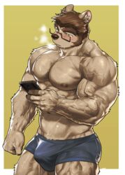  1boy abs animal_ear_request bara biceps blue_male_underwear blush boxer_briefs breath brown_fur brown_hair bulge cowboy_shot furry furry_male glasses highres holding holding_phone large_pectorals long_sideburns male_focus male_underwear muscular muscular_male navel nipples original pectorals phone short_hair sideburns solo stomach sweat thick_eyebrows thick_thighs thighs topless_male underwear underwear_only veins wasp_(anthyutena) 