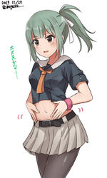  bad_id bad_twitter_id belt black_pantyhose black_shirt bow commentary_request cowboy_shot crop_top dated female glutton grey_hair grey_skirt hairbow highres kantai_collection long_hair meguru_(megurunn) midriff one-hour_drawing_challenge pantyhose pleated_skirt ponytail sailor_collar school_uniform serafuku shirt simple_background skirt solo twitter_username weight_conscious white_background white_sailor_collar wristband yuubari_(kancolle) yuubari_kai_ni_(kancolle) 