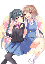  2girls :d black_hair black_pantyhose black_sweater blue_eyes blue_skirt blue_vest blush bow breasts brown_eyes brown_hair collared_shirt commentary feet_out_of_frame floral_background hair_between_eyes highres hizaka inokuma_youko kin-iro_mosaic komichi_aya lone_nape_hair long_hair long_sleeves medium_breasts moegi_high_school_uniform multiple_girls open_mouth pantyhose pink_bow pleated_skirt school_uniform shirt shoes simple_background skirt smile socks striped striped_bow sweater twintails very_long_hair vest white_background white_footwear white_legwear white_shirt 