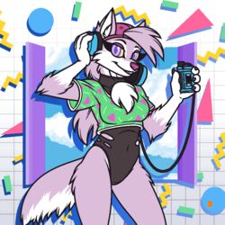  1:1 2018 abstract_background anthro backwards_baseball_cap backwards_hat baseball_cap biped canid canine canis cassette_player chest_tuft clothing cloud countershading digital_media_(artwork) electronics eyelashes female fur hair hat headgear headphones headwear inner_ear_fluff leotard listening_to_music long_hair looking_at_viewer mammal megawolf77 multicolored_body music_player pattern_background pattern_clothing pink_nose portrait pupils purple_body purple_ears purple_eyes purple_fur purple_hair purple_pupils purple_tail radical_lyka simple_background smile solo standing tail three-quarter_portrait tuft two_tone_body two_tone_tail white_body white_countershading white_fur white_inner_ear white_tail wolf yellow_sclera 