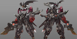  clenched_hand commentary devilman devilman_(character) grey_background gun gunblade head_wings highres holding holding_gun holding_weapon looking_ahead mecha mechanization no_humans rabo robot science_fiction solo weapon wings yellow_eyes 