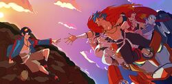  2girls 5boys aqua_hair bikini black_hair black_pants blue_hair boota_(ttgl) breasts brown_pants cape cleavage cloud core_drill darry_adai fine_art_parody gimmy_adai gradient_sky hair_ornament hairclip jewelry kamina_(ttgl) kamina_shades karina_farek lagann leeron_littner mecha midriff_sarashi multiple_boys multiple_girls navel necklace nipples no_shirt open_mouth outdoors pants parody pink_hair profile red_cape red_hair robot rossiu_adai sandals sarashi shoes simon_(ttgl) skull_hair_ornament sky smile swimsuit tengen_toppa_gurren_lagann the_creation_of_adam topless_male triangular_eyewear yoko_littner 