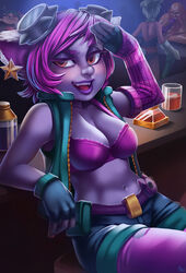  2boys 2girls absurdres bar_(place) battle_bunny_riven belt_pouch blue_gloves bra breasts cleavage colored_skin come_hither detached_sleeves drink earrings eyelashes fewer_digits fingerless_gloves gloves goggles goggles_on_head gragas highres jewelry league_of_legends lipstick looking_at_viewer makeup medium_breasts midriff multiple_boys multiple_girls navel nose open_clothes open_vest orange_eyes pantyhose parsujera photoshop_(medium) pink_bra pink_hair pink_legwear pointy_ears pouch purple_lips purple_skin riven_(league_of_legends) salute short_hair shorts shortstack single_detached_sleeve solo_focus star_(symbol) star_earrings teemo torn_clothes torn_pantyhose tristana underwear vest yordle 