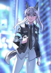  absurdres alternate_costume animal_ear_fluff animal_ears armband ass_visible_through_thighs coin connor_(detroit) connor_(detroit)_(cosplay) cosplay crotch_seam detroit:_become_human eila_ilmatar_juutilainen extra_ears female fox_ears fox_girl fox_tail grey_hair highres kogarashi51 light_smile long_hair necktie pantyhose purple_eyes solo strike_witches tail uniform white_pantyhose world_witches_series 