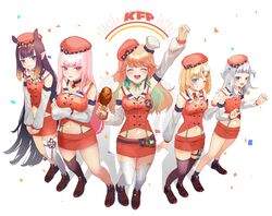  5girls :d absurdres arm_up beret black_socks black_thighhighs blonde_hair blue_eyes blue_hair blue_nails blush breasts chicken_(food) chicken_leg closed_eyes commentary confetti cosplay crossed_arms detached_collar detached_sleeves english_commentary flat_chest food from_above full_body gawr_gura gradient_hair green_hair green_ribbons grey_hair grin hair_ornament hat highres hololive hololive_english holomyth holster interlocked_fingers long_hair long_sleeves medium_breasts medium_hair midriff miniskirt mori_calliope multicolored_hair multiple_girls nail_polish navel neck_ribbon necktie ninomae_ina&#039;nis one_eye_closed open_mouth orange_hair own_hands_together pink_eyes pink_hair pointy_ears purple_hair red_necktie ribbon shark_hair_ornament sharp_teeth short_necktie simple_background single_thighhigh skirt smile socks standing streaked_hair syringe syringe_holster takanashi_kiara takanashi_kiara_(1st_costume) takanashi_kiara_(cosplay) teeth tentacle_hair thigh_holster thighhighs thighs two_side_up uniform v very_long_hair virtual_youtuber watson_amelia white_background white_thighhighs yunare zettai_ryouiki 