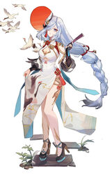  absurdres bare_shoulders bird blue_eyes braid breasts china_dress chinese_clothes chinese_knot cleavage cleavage_cutout clothing_cutout crane_(animal) dress earrings female full_body genshin_impact hair_ornament hair_over_one_eye high_heels highres jewelry jueduizhi long_hair low-braided_long_hair low-tied_long_hair medium_breasts shenhe_(genshin_impact) shoes thighs white_background 