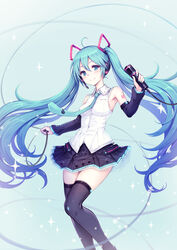  absurdres black_skirt black_sleeves black_thighhighs blue_eyes blue_hair blue_nails cable closed_mouth collared_shirt commentary detached_sleeves dress_shirt female floating_hair gogatsu_no_renkyuu grey_background hair_between_eyes hair_ornament hatsune_miku hatsune_miku_(vocaloid4) headphones headset highres holding holding_cable holding_microphone long_hair long_sleeves microphone miniskirt nail_polish pleated_skirt shirt skirt sleeveless sleeveless_shirt smile solo standing thighhighs twintails v4x very_long_hair vocaloid white_shirt wing_collar zettai_ryouiki 