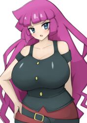  absurdres alternate_breast_size black_shirt blue_eyes blush breasts female hand_on_own_hip highres huge_breasts jaga334 kirishima_romin long_hair looking_at_viewer open_mouth purple_hair shirt sidelocks simple_background solo very_long_hair white_background yu-gi-oh! yu-gi-oh!_sevens 