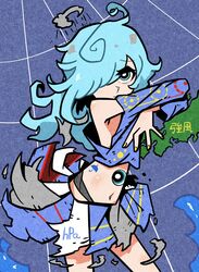  acronym ahoge armpit_crease arms_up bare_shoulders blue_eyes blue_hair bright_pupils closed_mouth cloud cloud_over_head cowboy_shot crop_top cropped_shirt crossed_arms extra_eyes female hair_over_one_eye half-closed_eyes highres japan leaning_on_object light_frown long_hair long_sleeves looking_at_viewer map midriff navel off-shoulder_shirt off_shoulder original pleated_skirt rain raised_eyebrows rumford shirt skirt solo umbrella_print weather weathergirl white_pupils yellow_nails 