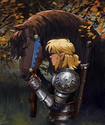  1boy absurdres alternate_costume animal armor blonde_hair commentary earrings english_commentary fingerless_gloves from_side gloves hair_pulled_back highres horse jewelry leaf link male_focus malin_falch medium_hair outdoors pointy_ears profile scale_armor serious soldier&#039;s_set_(zelda) solo sword the_legend_of_zelda the_legend_of_zelda:_breath_of_the_wild tree weapon 