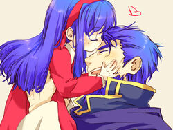  1boy bad_id bad_pixiv_id beard blue_hair closed_eyes dress facial_hair father_and_daughter female fire_emblem fire_emblem:_the_blazing_blade guttary hector_(fire_emblem) holding kissing kissing_forehead lilina_(fire_emblem) red_dress red_ribbon ribbon smile straight 