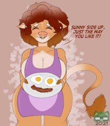  2021 afro anthro apron apron_only bacon big_breasts blush bovid bovine breakfast breasts brown_body brown_fur brown_hair cattle closed_eyes clothing digital_drawing_(artwork) digital_media_(artwork) ear_piercing ear_ring english_text female food front_view fur hair hi_res mammal meat mostly_nude piercing ring_piercing solo sudsypup sunny_(sudsypup) sunny_side_up_egg tail tail_tuft text tuft wide_hips 