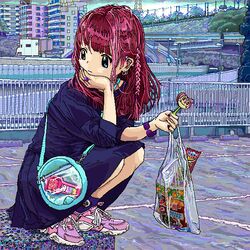  ace_akira bag blue_eyes braid candy female food hello_kitty hello_kitty_(character) holding holding_candy holding_food holding_lollipop jaggy_lines lollipop looking_back medium_hair original pink_hair pixel_art reebok sanrio solo squatting 