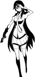  bakemonogatari female greyscale hand_over_eye hand_over_face highres long_hair long_sleeves monochrome monogatari_(series) naoetsu_high_school_uniform necktie pleated_skirt school_uniform senjougahara_hitagi skirt solo source_request transparent_background wibubox 