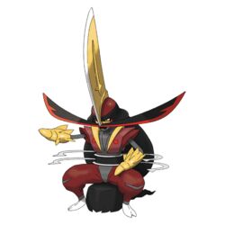  1:1 2022 alpha_channel anthro armor blade border digital_drawing_(artwork) digital_media_(artwork) facial_hair generation_9_pokemon golden_body headgear helmet humanoid ken_sugimori kingambit metallic_body moustache nintendo official_art pokemon pokemon_(species) raised_arm red_body sitting transparent_border weapon white_body yellow_body 