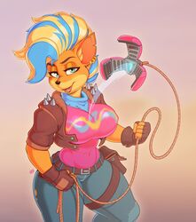  2020 activision anthro bandicoot belt big_breasts black_nose blonde_hair blue_eyes blue_hair bottomwear breasts clothing crash_(series) daxzor denim denim_bottomwear denim_clothing digital_media_(artwork) ear_piercing ear_ring female fingerless_gloves gloves gradient_background grappling_hook hair handwear hi_res inner_ear_fluff jacket jeans leather leather_clothing leather_jacket leather_topwear looking_at_viewer mammal marsupial multicolored_hair orange_body pants piercing pirate_tawna ring_piercing rope shirt signature simple_background solo technology thick_thighs topwear tuft two_tone_hair 