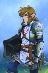  1boy armor blue_eyes blurry blurry_background commentary english_commentary feet_out_of_frame highres hylian_crest link male_focus malin_falch outdoors pointy_ears scale_armor shield shiny soldier&#039;s_set_(zelda) solo sparks sword the_legend_of_zelda the_legend_of_zelda:_breath_of_the_wild weapon 