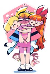  2boys 4girls :d absurdly_long_hair absurdres anger_vein angry belt billy_(grim_adventures) black_belt black_footwear blonde_hair blossom_(ppg) blue_dress blush blush_stickers bubbles_(ppg) buttercup_(ppg) cartoon_network closed_eyes closed_mouth commentary_request company_connection constricted_pupils crossover dress embarrassed full-face_blush full_body girl_sandwich green_dress grim_(grim_adventures) headpat height_difference highres hood hood_up hug jitome long_hair looking_at_viewer mandy_(grim_adventures) multiple_boys multiple_girls open_mouth orange_hair pantyhose pink_dress pink_shirt powerpuff_girls rariatto_(ganguri) sandwiched shirt shoes skeleton skull smile socks tall the_grim_adventures_of_billy_&amp;_mandy twintails u_u very_long_hair white_legwear 