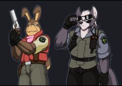  albert_wesker anthro barry_burton_(resident_evil) belt black_bars canid canine canis capcom clothing cosplay costume crossover crossover_cosplay droll3 duo electronics eyewear eyewear_on_head facial_hair gun handgun hare hi_res lagomorph leporid letterbox looking_away male mammal moustache nintendo peppy_hare police police_officer police_uniform radio ranged_weapon resident_evil revolver star_fox sunglasses sunglasses_on_head topwear uniform vest weapon weapon_holster wolf wolf_o&#039;donnell 