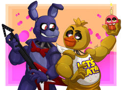  5_fingers animatronic anthro avian beak bib bird bonnie_(fnaf) chica_(fnaf) chicken cupcake cupcake_(fnaf) duo eyebrows female fingers five_nights_at_freddy&#039;s food galliform gallus_(genus) guitar half-closed_eyes holding_object looking_at_another machine male musical_instrument narrowed_eyes orange_body phasianid plucked_string_instrument purple_body purple_eyes raised_eyebrow red_eyes robot scottgames simple_background smile snazzamazing string_instrument teeth yellow_body 