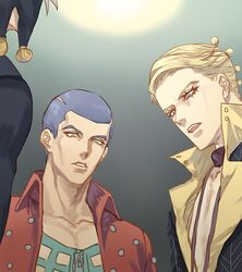  3boys blonde_hair blue_eyes blue_hair buzz_cut formaggio green_eyes hat hat_bobbles jojo_no_kimyou_na_bouken male_focus multiple_boys prosciutto risotto_nero short_hair vento_aureo very_short_hair yepnean 