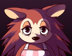  2023 animal_crossing anthro apron brown_body brown_eyes bust_portrait clothing ears_down eulipotyphlan female freckles guywiththepie hedgehog lidded_eyes looking_at_viewer mammal nintendo pivoted_ears portrait purple_background sable_able simple_background solo tired tired_eyes 