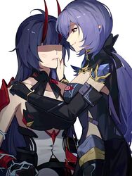  2girls ahoge bite_mark bite_mark_on_neck black_gloves black_shirt blunt_bangs breasts closed_mouth collarbone elbow_gloves elysia_(honkai_impact) elysia_(miss_pink_elf)_(honkai_impact) faceless faceless_female gloves hand_on_another&#039;s_face herrscher_of_corruption highres honkai_(series) honkai_impact_3rd horns large_breasts lipstick_mark lipstick_mark_on_face long_hair looking_at_another multiple_girls official_alternate_costume pointy_ears purple_hair quanx70909457 raiden_mei raiden_mei_(herrscher_of_thunder) red_eyes shaded_face shirt simple_background smile white_background yuri 