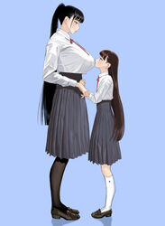  2girls absurdres bad_id bad_pixiv_id black_legwear blue_background breasts height_difference high-waist_skirt highres hiramedousa huge_breasts light_blush long_hair long_skirt looking_at_another looking_down looking_up multiple_girls original pantyhose ponytail school_uniform shirt_tucked_in simple_background size_difference skirt socks tall_female very_long_hair white_socks yuri 