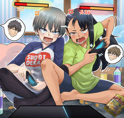  2boys 2girls anger_vein bad_link bag_of_chips barefoot bike_shorts black_hair black_pantyhose blue_eyes blue_shirt blush bottle breasts brown_eyes brown_hair can character_name chips_(food) commission competition controller crossover denim denim_skirt drink food freeze-ex furrowed_brow game_console game_controller glasses green_shirt grey_hair hachiouji_naoto hair_ornament hairclip health_bar highres holding holding_controller holding_game_controller ijiranaide_nagatoro-san indian_style indoors large_breasts light_frown living_room long_hair looking_at_viewer motion_lines multiple_boys multiple_girls nagatoro_hayase oerba_yun_fang on_floor open_mouth pantyhose playing_games playstation_4 potato_chips raglan_sleeves sakurai_shin&#039;ichi sanpaku second-party_source shirt short_sleeves side-by-side sitting skin_fang skirt small_breasts spoken_character striped_wall sugoi_dekai t-shirt teeth translated two-tone_shirt uzaki-chan_wa_asobitai! uzaki_hana video_game wavy_mouth white_eyes white_shirt window 