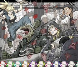  bald belt_bra blonde_hair blue_jumpsuit breasts caiman_(dorohedoro) character_request cleavage closed_eyes dorohedoro furry furry_male grin gyoza_man highres johnson_(dorohedoro) jumping jumpsuit kankan33333 nikaidou_(dorohedoro) noi_(dorohedoro) ponytail smile thirteen_(dorohedoro) wristband 