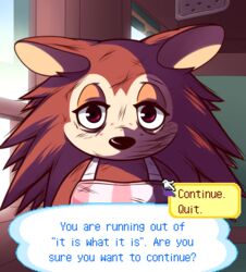  2023 animal_crossing anthro apron blank_stare brown_body brown_eyes bust_portrait clothing cyberpunk_edgerunners depression dialogue digital_media_(artwork) ears_down english_text eulipotyphlan female freckles gameplay_mechanics guywiththepie hedgehog inside lidded_eyes looking_at_viewer mammal meme nintendo pivoted_ears portrait sable_able sandevastated_(meme) scratches solo speech_bubble text tired tired_eyes 