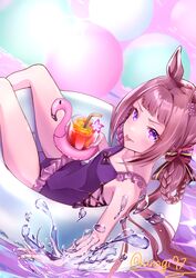  :p absurdres animal_ears blush bow breasts brown_hair casual_one-piece_swimsuit collarbone cup drinking_straw feet_out_of_frame female hair_rings hairbow highres holding holding_cup horse_ears innertube long_hair looking_at_viewer official_alternate_costume one-piece_swimsuit purple_eyes purple_one-piece_swimsuit sitting small_breasts sodemaru_unagi solo splashing sweep_tosho_(monopolizing_the_chill?)_(umamusume) sweep_tosho_(umamusume) swim_ring swimsuit tongue tongue_out twintails twitter_username umamusume water 