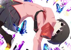  arm_across_chest artist_name black_hair black_necktie black_pantyhose black_skirt blue_butterfly bob_cut bug butterfly falling female hair_between_eyes highres izu_lemon leaning_back long_sleeves looking_at_viewer monogatari_(series) naoetsu_high_school_uniform necktie no_lineart no_shoes oshino_ougi pale_skin pantyhose pink_shirt pleated_skirt school_uniform shirt short_hair skirt sleeves_past_fingers sleeves_past_wrists smile solo swallowtail_butterfly twitter_username white_background 