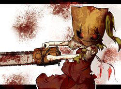  bag_over_head blonde_hair blood blood_on_clothes blood_on_weapon chains chainsaw commentary_request cosplay dr._salvador dr._salvador_(cosplay) female flandre_scarlet gaius_(nikoniko2) glowing glowing_eyes letterboxed looking_at_viewer red_eyes resident_evil resident_evil_4 shirt side_ponytail skirt skirt_set solo torn_clothes torn_shirt torn_skirt torn_vest touhou vest weapon wings 