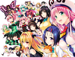  6+girls breasts cleavage dress erect_nipples fujisaki_aya kirisaki_kyouko konjiki_no_yami kotegawa_yui kujou_rin kurosaki_mea lala_satalin_deviluke master_nemesis mikado_ryouko momioka_risa momo_velia_deviluke multiple_girls murasame_oshizu nana_asta_deviluke no_bra run_elsie_jewelria sairenji_haruna sawada_mio school_uniform tearju_lunatique tenjouin_saki thighhighs to_love-ru to_love-ru_darkness yabuki_kentarou yuuki_mikan yuuki_rito yuusaki_riko 