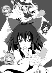  5girls broom card chibi commentary_request crossover greyscale hakurei_reimu ibuki_suika kamen_rider kamen_rider_dcd kamen_rider_decade kamen_rider_diend kirisame_marisa monochrome multiple_girls parody remilia_scarlet shameimaru_aya shouji_nigou touhou 