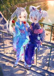  2girls absurdres animal_ears ayanami_(azur_lane) azur_lane black_footwear blue_kimono blush bow breasts breath candy_apple commentary_request covering_own_mouth daitai_sotogawa_(futomomo) double_bun expressionless falling_leaves fingernails floral_print food full_body hair_between_eyes hair_bun hair_ornament hairbow hairclip hand_to_own_mouth headgear highres holding holding_food japanese_clothes kimono laffey_(azur_lane) laffey_(snow_rabbit_and_candy_apple)_(azur_lane) leaf long_hair long_sleeves looking_at_another multiple_girls new_year obi obijime official_alternate_costume on_railing outdoors parted_lips petals pink_bow ponytail print_kimono purple_kimono rabbit_ears railing red_eyes river sandals sash single_side_bun sitting small_breasts socks stairs stone_stairs tabi very_long_hair water white_footwear white_hair wide_sleeves zouri 