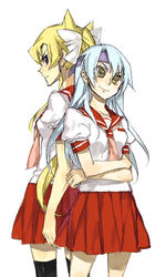  2girls bad_id bad_pixiv_id blonde_hair blue_hair genderswap_(mtf) headband jack_atlas kiryu_kyosuke long_hair molly multiple_girls rule_63 school_uniform skirt thighhighs yellow_eyes yu-gi-oh! yu-gi-oh!_5d&#039;s 